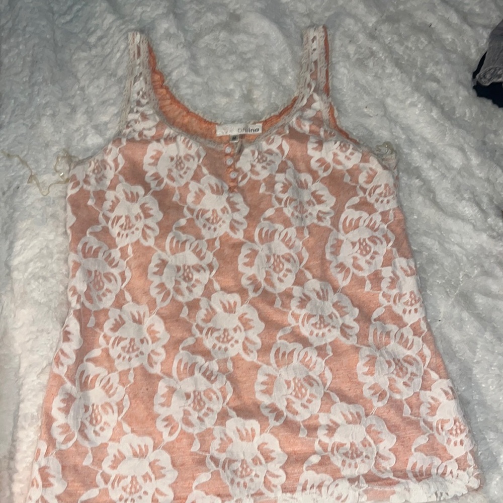 Aniina tank style top. Peaches and cream color. Size medium, floral lace overlay